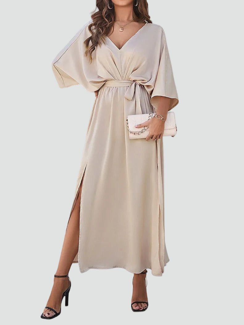 Léonie | Maxi Kjole Beige Satin V-hals Bindebælte til Kvinder