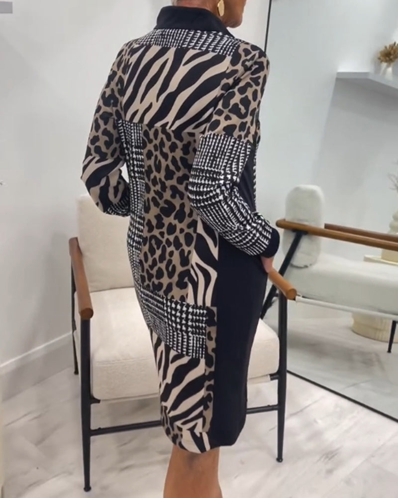 Vittoire | Midi Kjole Sort Beige Patchwork Dyreprint Langærmet til Kvinder