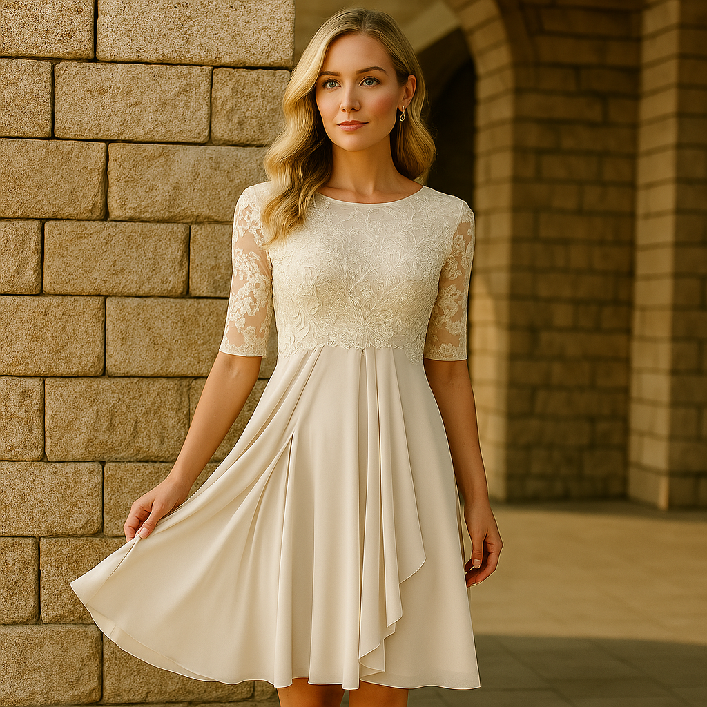 Cordelia | Midi Festkjole Støvet Blå Blonde Chiffon 3/4-ærme til Kvinder