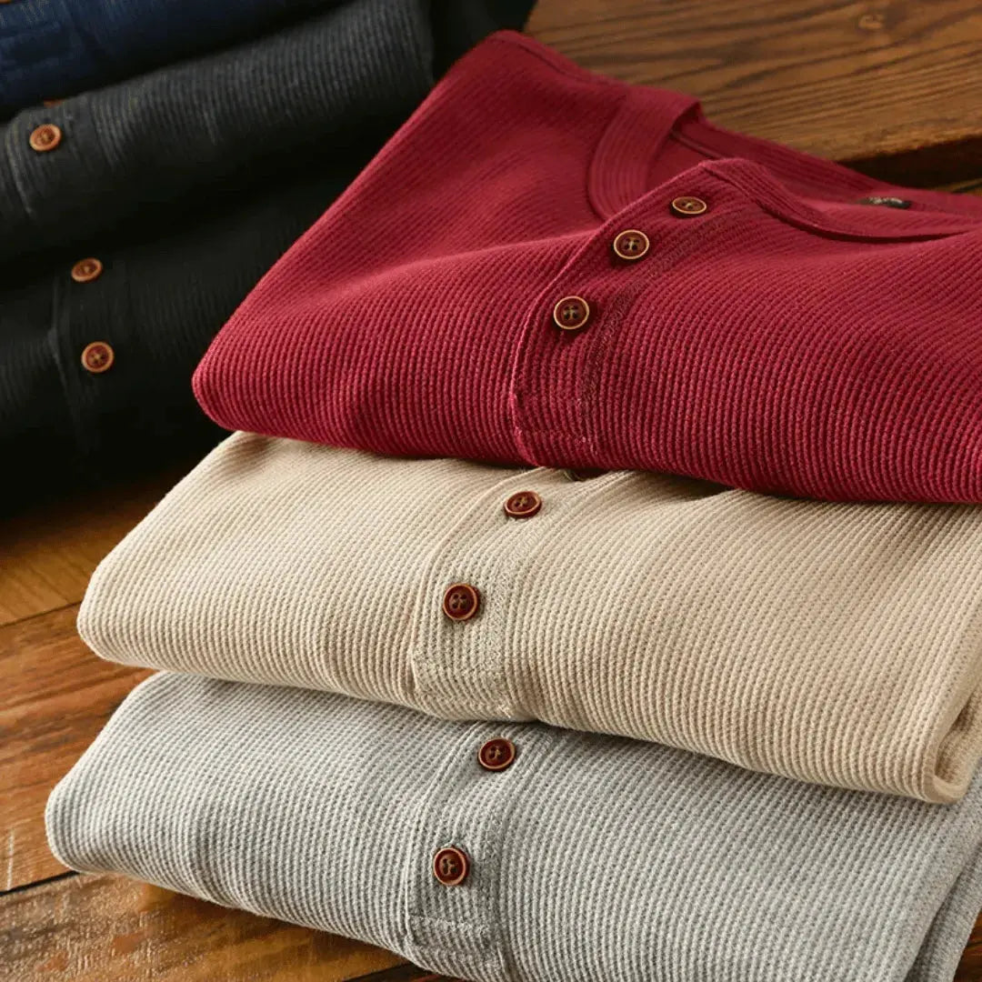 Rasmus | Langærmet Henley T-Shirt Lysegrå Ribstrikket Bomuld til Mænd