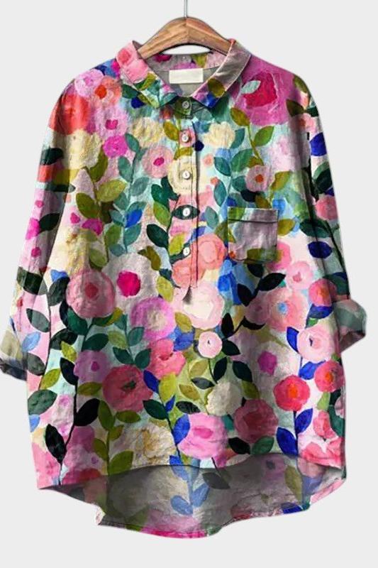 Catalina | Skjortebluse Blomstret Lin Langærmet til Kvinder