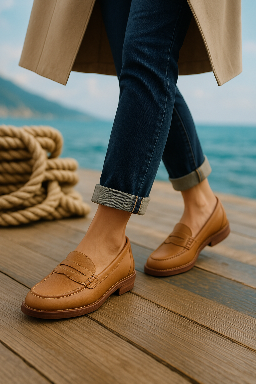 Pénélope | Loafers Cognac Læder Penny Strap Lav Hæl til Kvinder