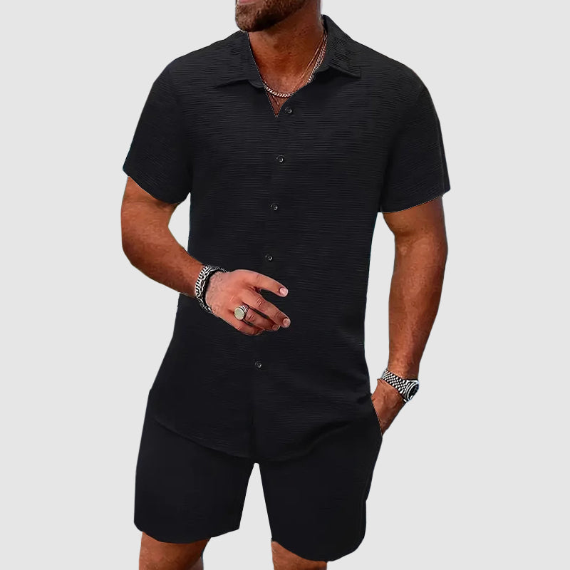 Laurits | Sommersæt Creme Jacquard Skjorte & Shorts til Mænd
