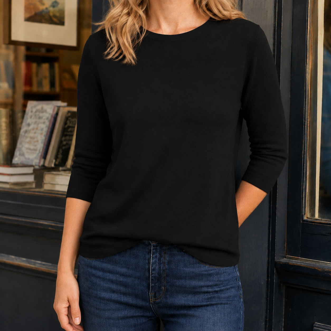 Nicoletta | Bluse Lyseblå Rund Hals 3/4-Ærmer til Kvinder