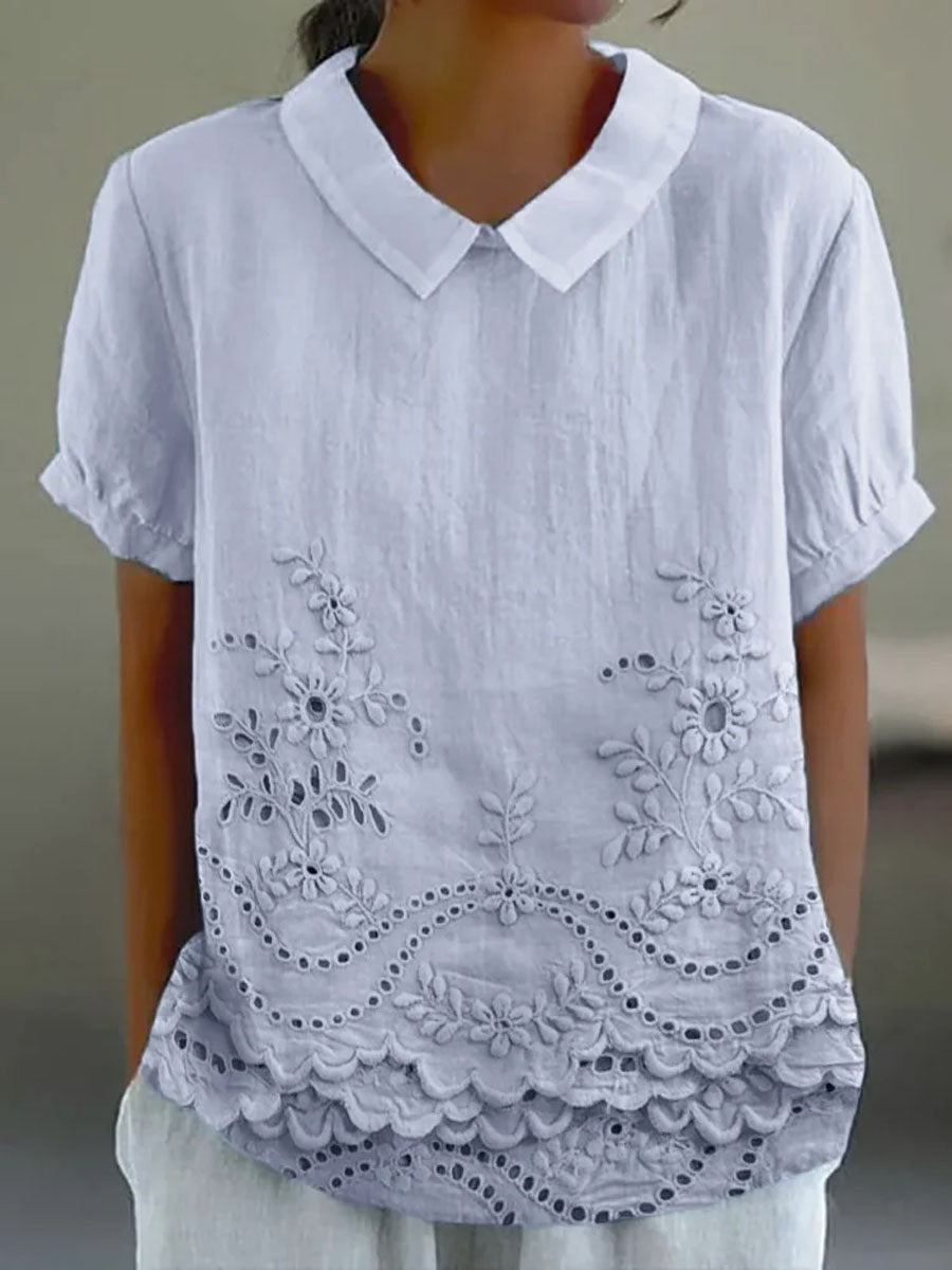 Vivette | Bluse Lyserød Bomuld-Lin Broderi Peter Pan-Krave til Kvinder