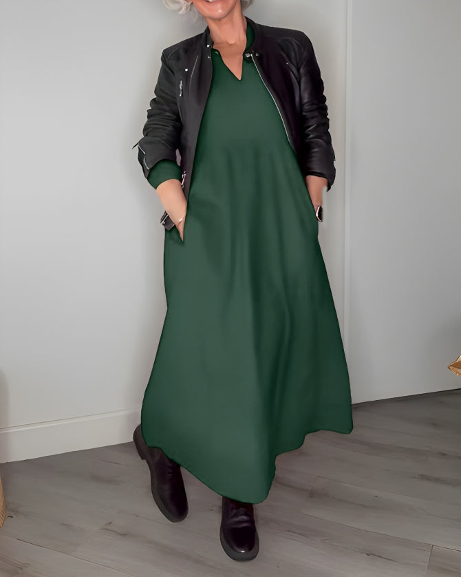 Viveca | Maxi Kjole Mørkegrøn Langærmet V-hals A-linje til Kvinder