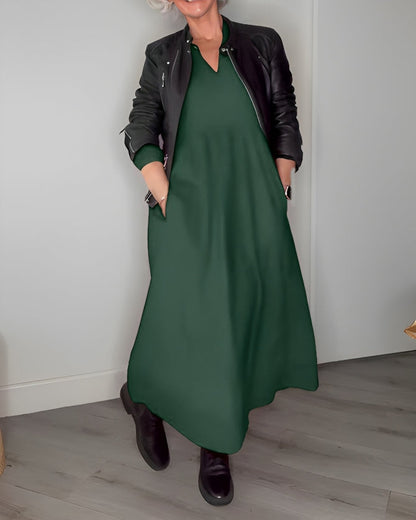 Viveca | Maxi Kjole Mørkegrøn Langærmet V-hals A-linje til Kvinder
