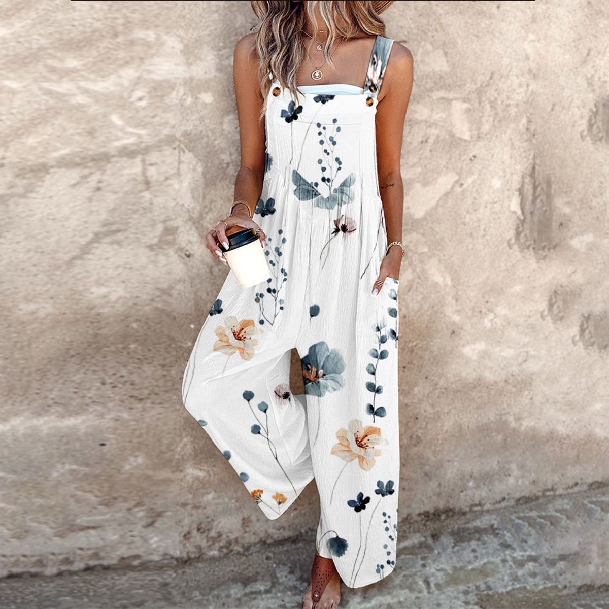 Romilda | Overalls Sort Blomsterprint Vide Ben til Kvinder
