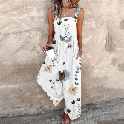 Romilda | Overalls Sort Blomsterprint Vide Ben til Kvinder