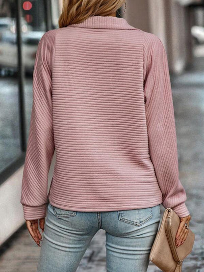 Agnès | Sweatshirt Rosa Ribstrikket Halvlynlås til Kvinder