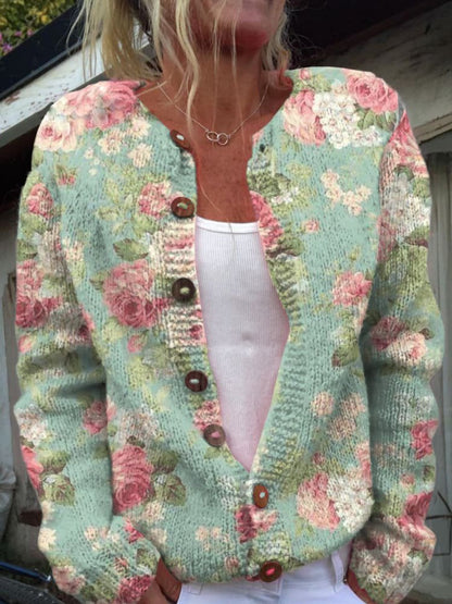 Viveca | Cardigan Hvid Blomstret Strik Knaplukning til Kvinder