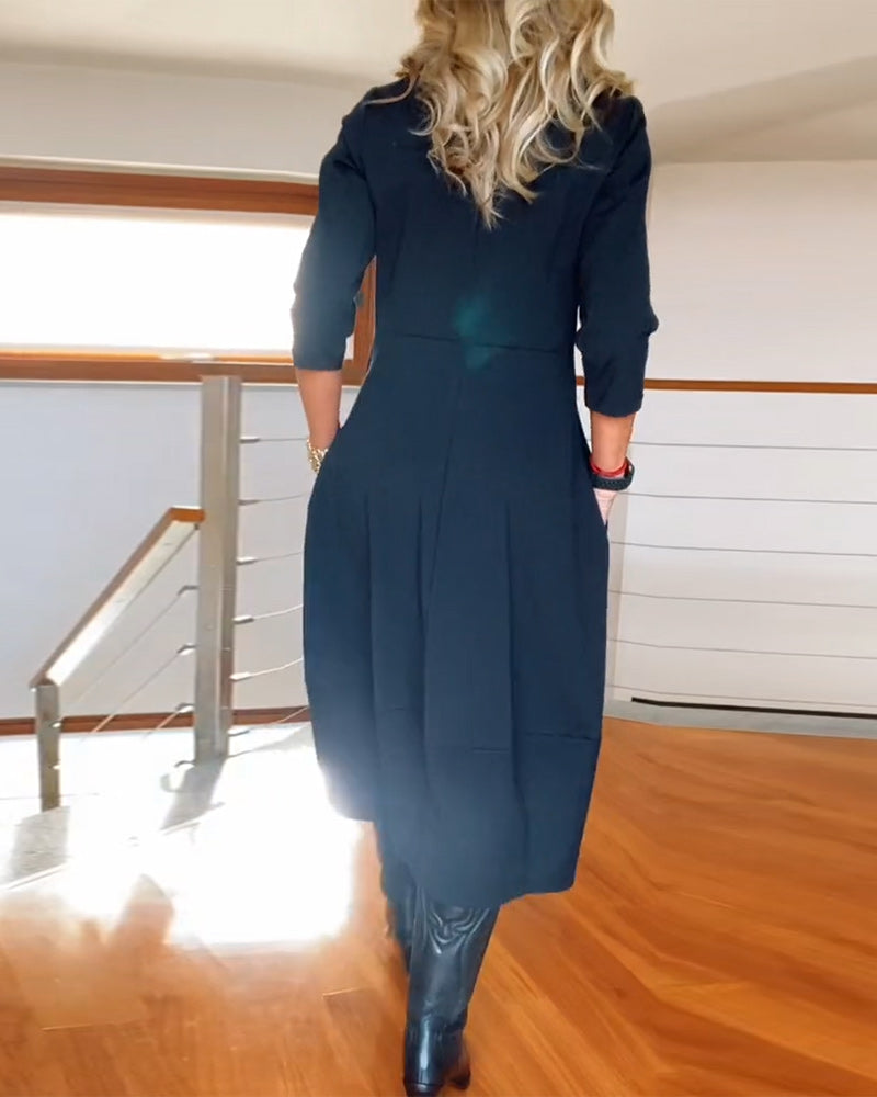 Viveca | Midi Kjole Marineblå Jersey 3/4-ærme med Lommer til Kvinder