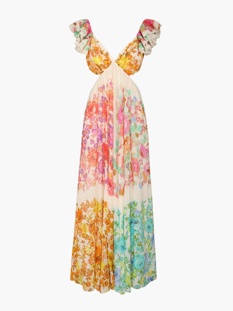 Rosalba | Maxi Kjole Blomstret Chiffon V-hals Flæsedetalje til Kvinder