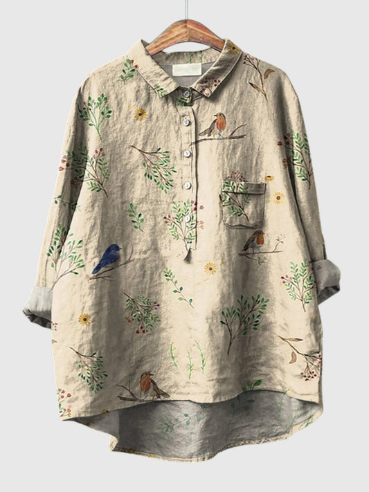 Tilda | Skjorte Beige Lin Fugle- og Blomsterprint til Kvinder