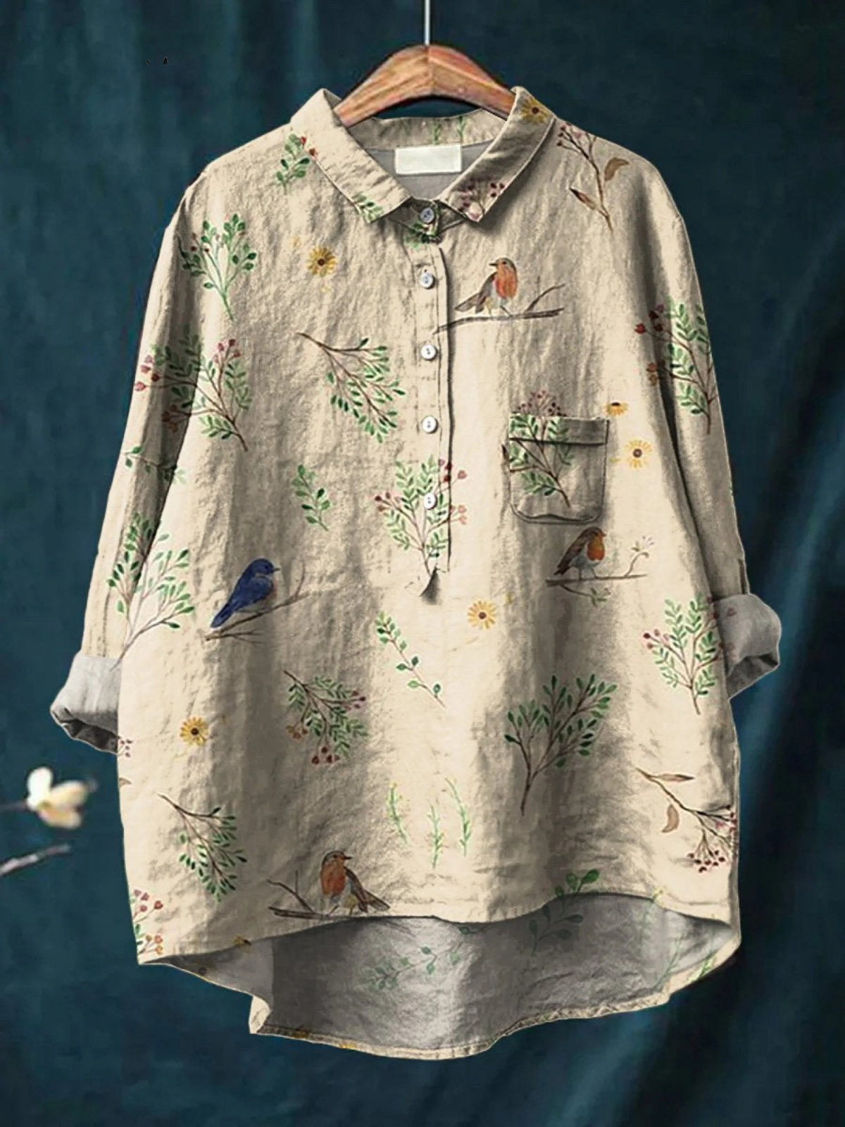 Tilda | Skjorte Beige Lin Fugle- og Blomsterprint til Kvinder