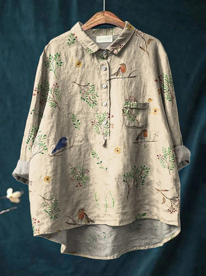 Tilda | Skjorte Beige Lin Fugle- og Blomsterprint til Kvinder