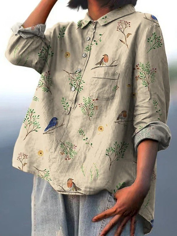 Tilda | Skjorte Beige Lin Fugle- og Blomsterprint til Kvinder