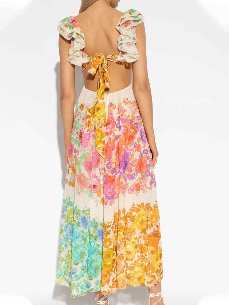 Rosalba | Maxi Kjole Blomstret Chiffon V-hals Flæsedetalje til Kvinder