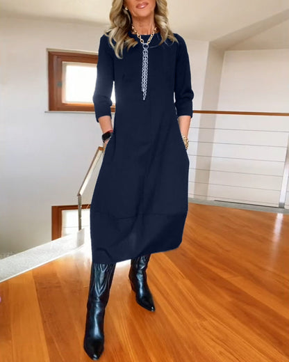 Viveca | Midi Kjole Marineblå Jersey 3/4-ærme med Lommer til Kvinder