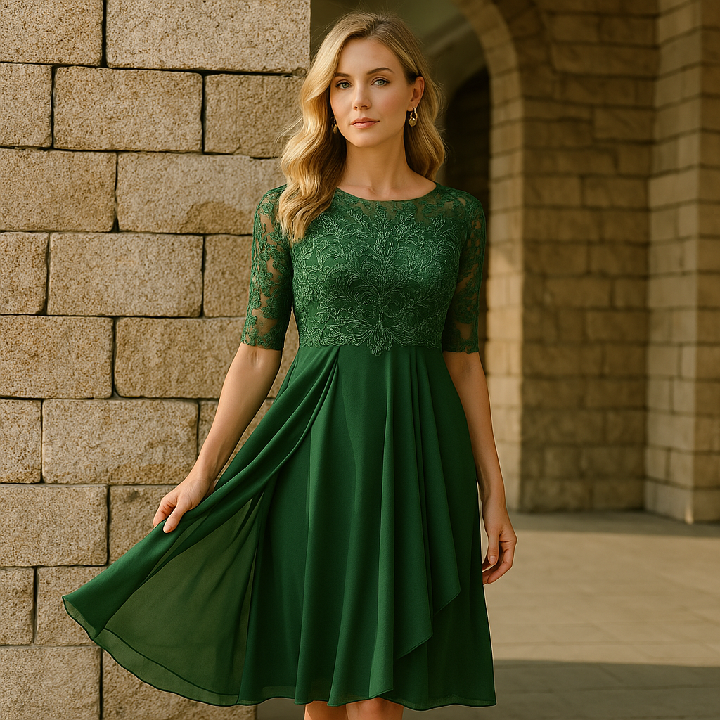 Cordelia | Midi Festkjole Støvet Blå Blonde Chiffon 3/4-ærme til Kvinder