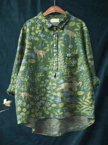 Miriam | Skjorte Grøn Botanisk Print Linnedlook Langærmet til Kvinder