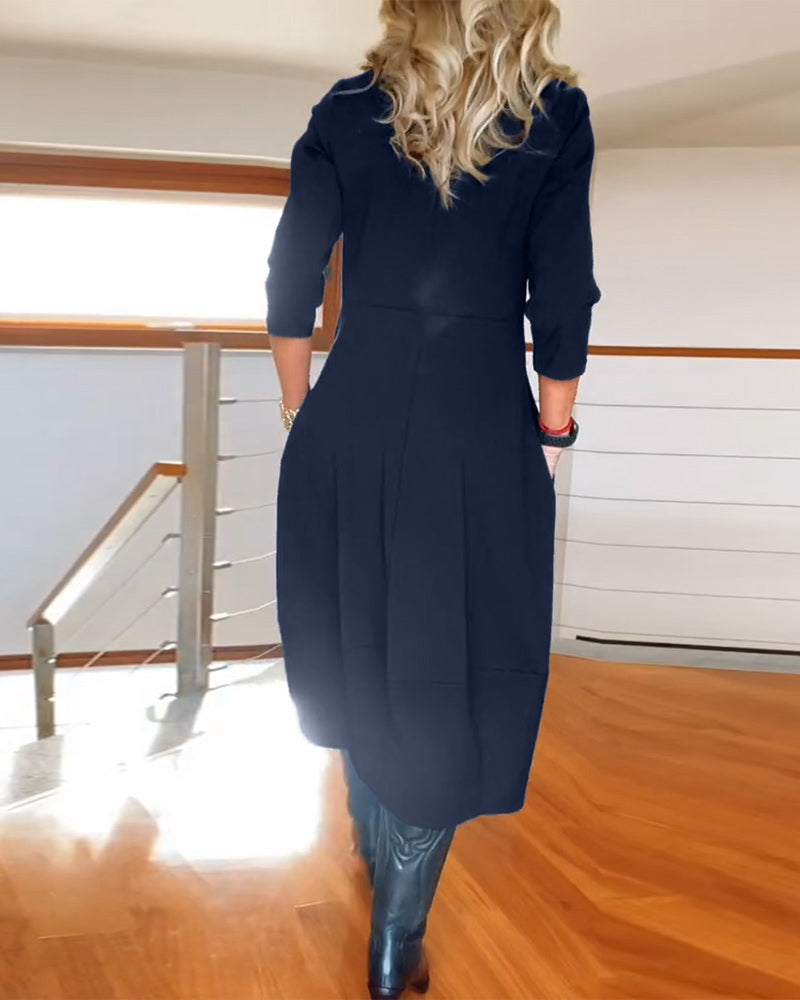 Viveca | Midi Kjole Marineblå Jersey 3/4-ærme med Lommer til Kvinder
