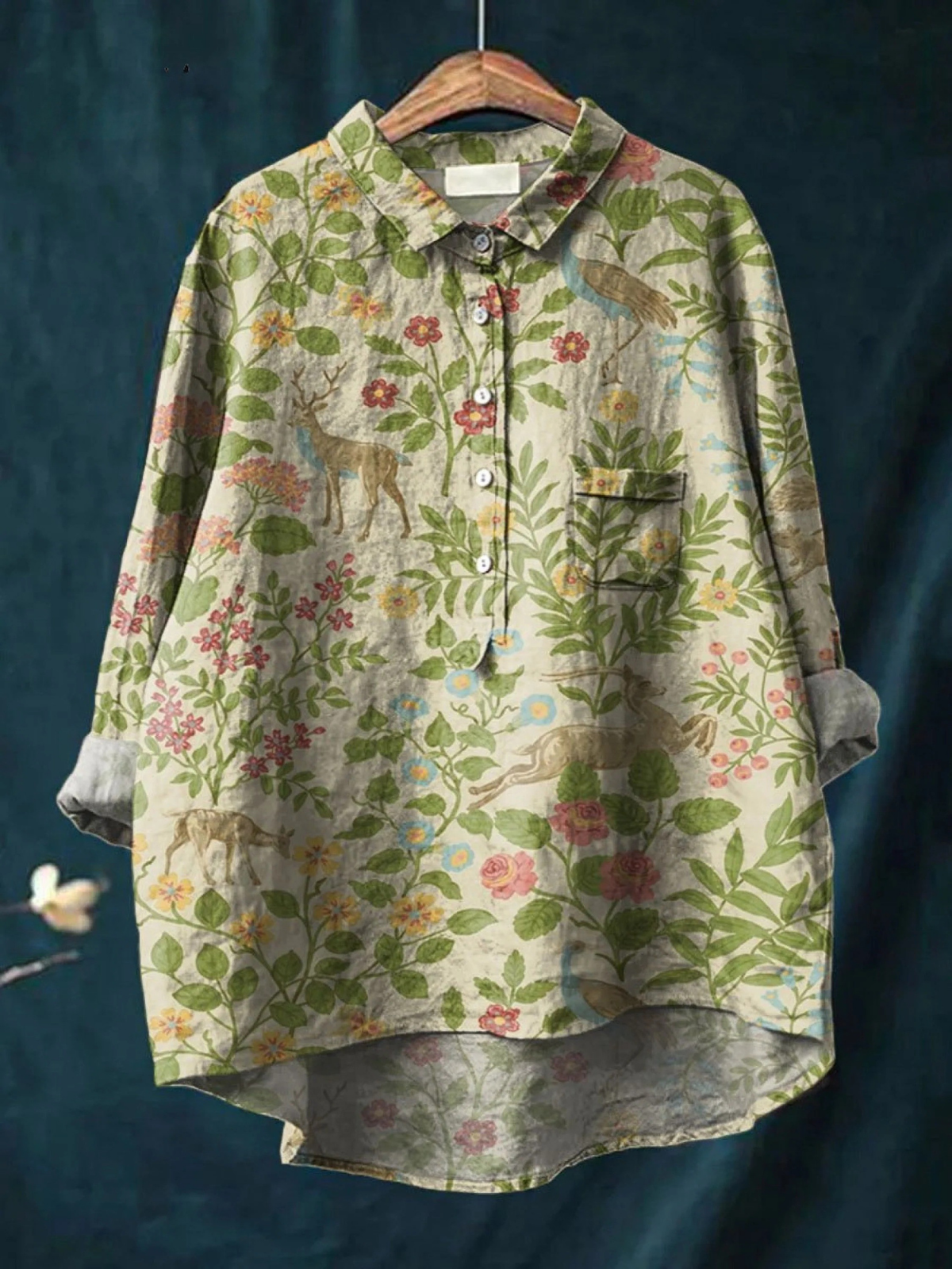 Miriam | Skjorte Grøn Botanisk Print Linnedlook Langærmet til Kvinder