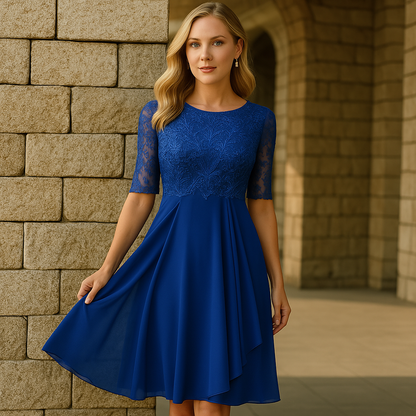 Cordelia | Midi Festkjole Støvet Blå Blonde Chiffon 3/4-ærme til Kvinder
