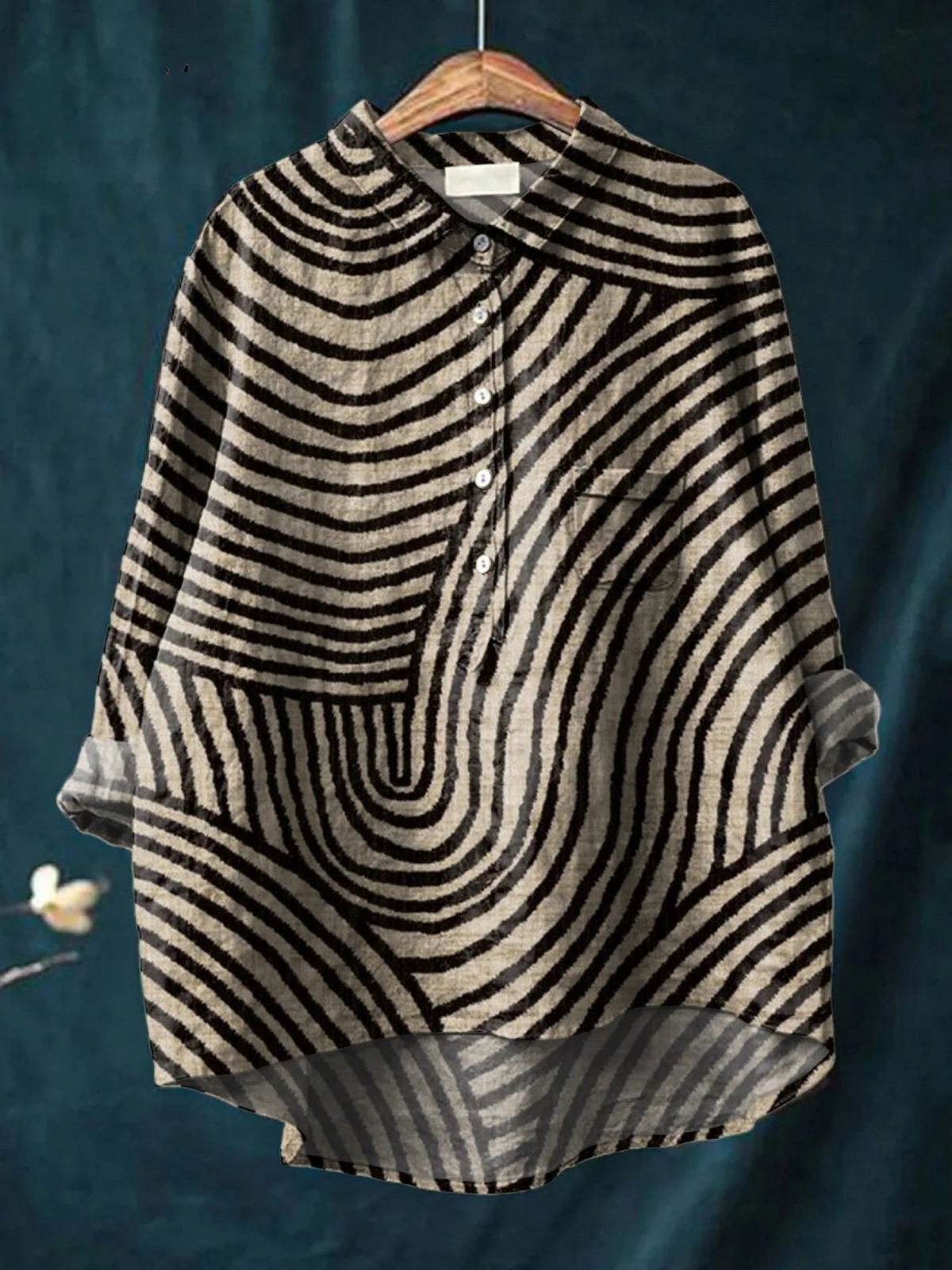 Vittoria | Bluse Beige Sort Geometrisk Stribet Lin Langærmet til Kvinder