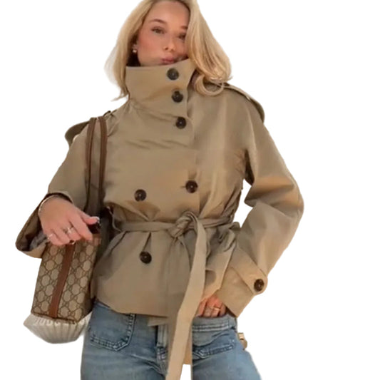 Viveca | Kort Trenchcoat Beige Taljeret Dobbeltknappet til Kvinder