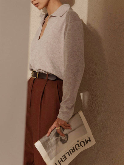 Lucía | Striktrøje Beige Uld Polo-krave V-hals til Kvinder