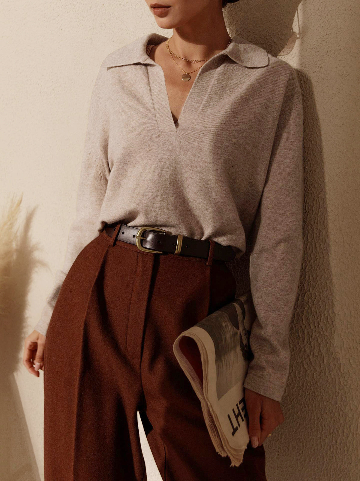 Lucía | Striktrøje Beige Uld Polo-krave V-hals til Kvinder