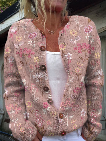 Viveca | Cardigan Hvid Blomstret Strik Knaplukning til Kvinder