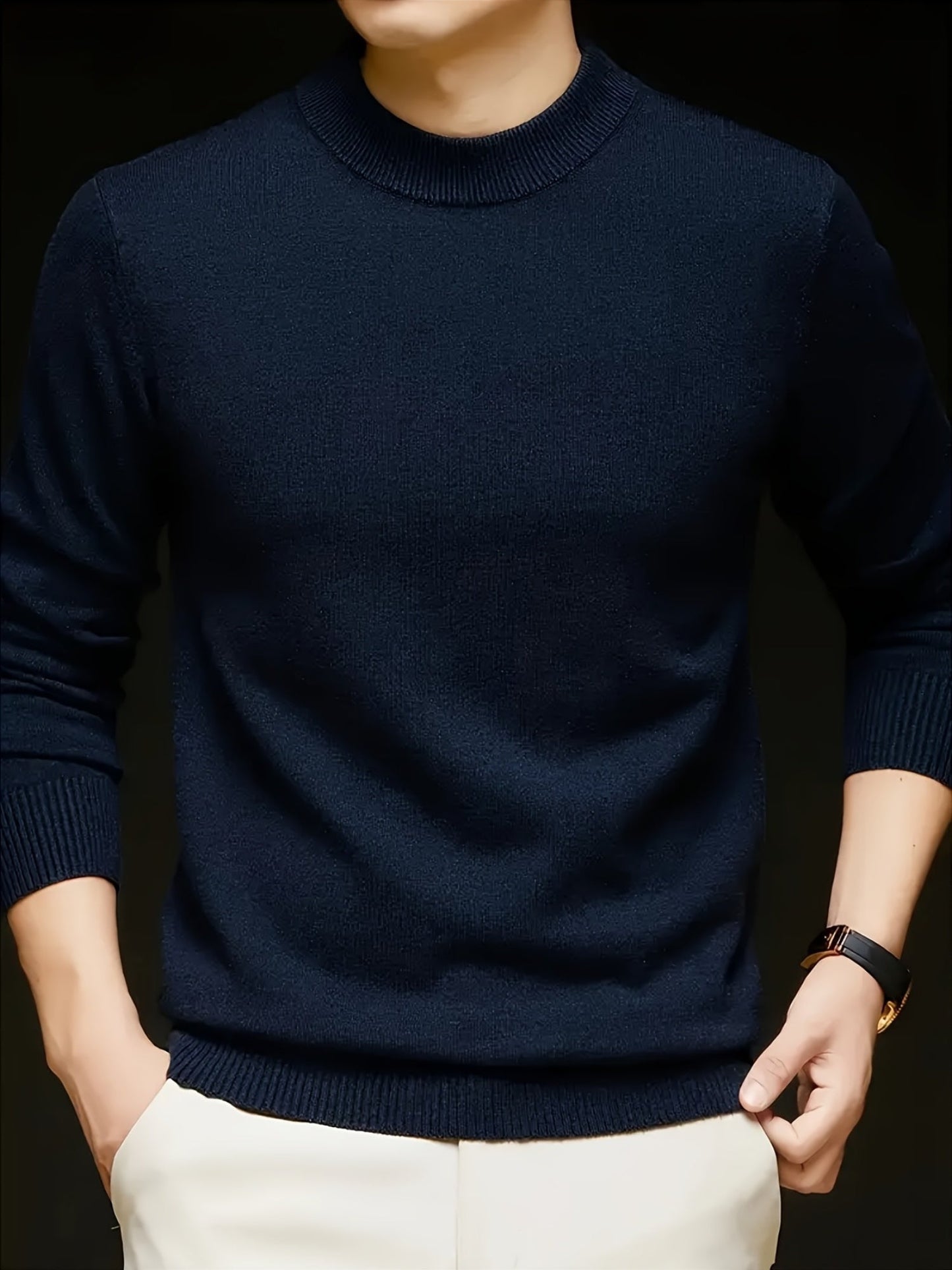 Noah | Strikbluse Beige Uld Høj Hals Slim Fit til Mænd