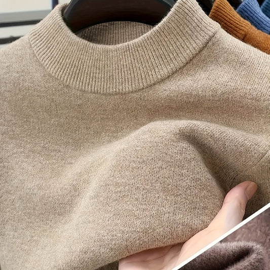 Noah | Strikbluse Beige Uld Høj Hals Slim Fit til Mænd