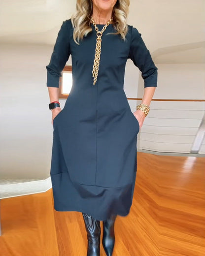 Viveca | Midi Kjole Marineblå Jersey 3/4-ærme med Lommer til Kvinder