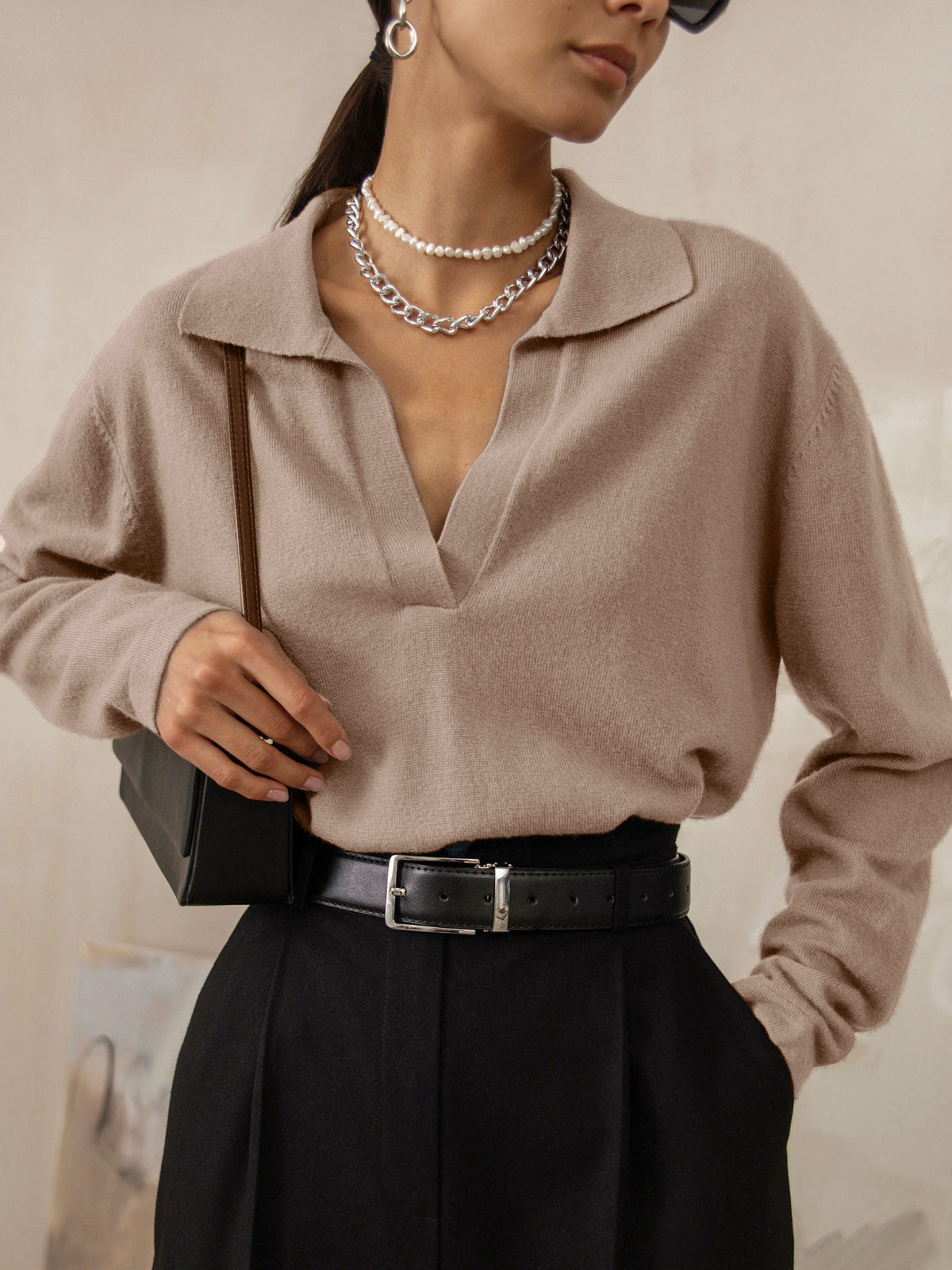 Lucía | Striktrøje Beige Uld Polo-krave V-hals til Kvinder