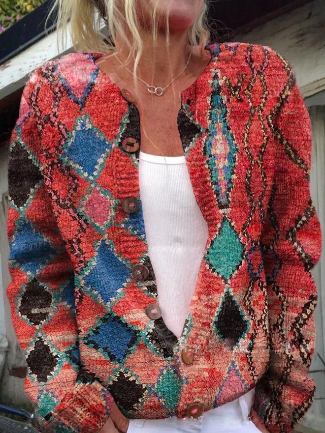 Viveca | Cardigan Hvid Blomstret Strik Knaplukning til Kvinder