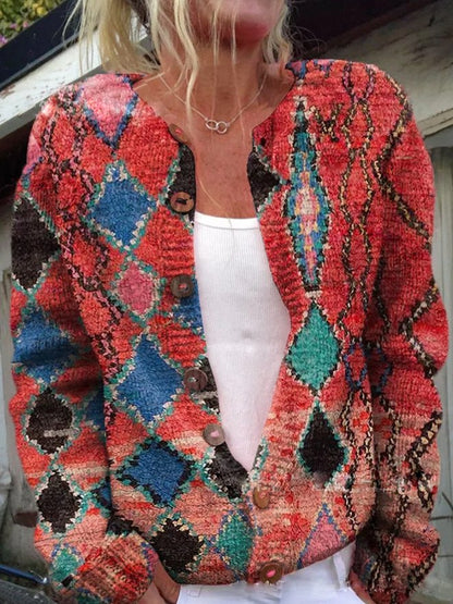 Viveca | Cardigan Hvid Blomstret Strik Knaplukning til Kvinder