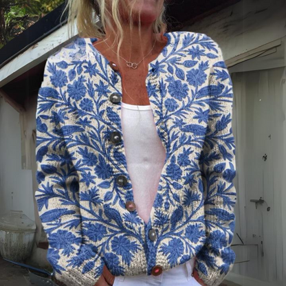 Viveca | Cardigan Hvid Blomstret Strik Knaplukning til Kvinder