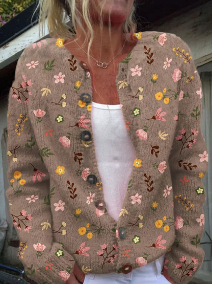 Viveca | Cardigan Hvid Blomstret Strik Knaplukning til Kvinder