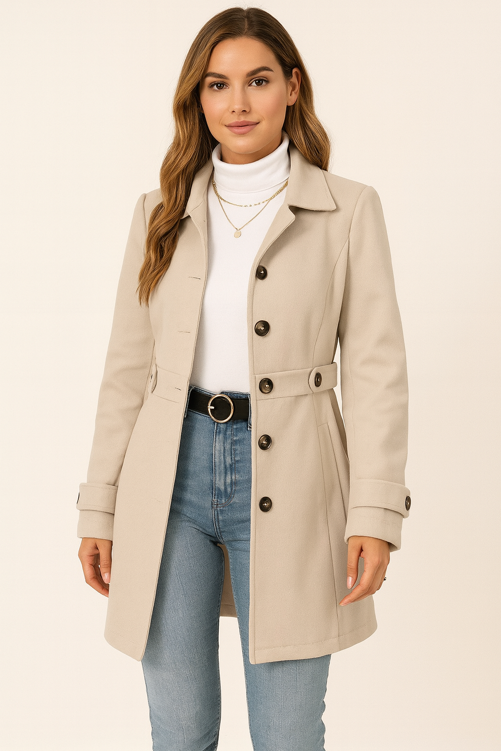 Lorinda | Klassisk Frakke Beige Uld Taljeret Knapper til Kvinder
