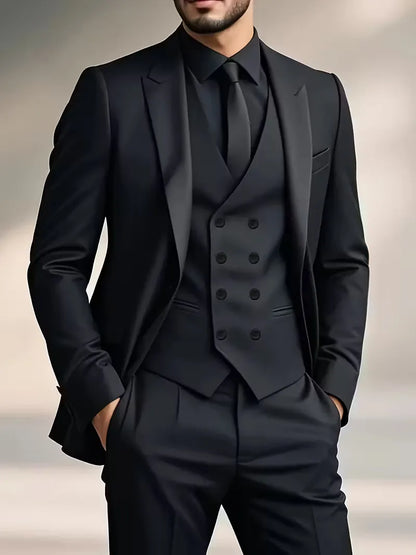 Teodor | Slim Fit Tre-Delt Jakkesæt Sort Blazer Vest Bukser til Mænd