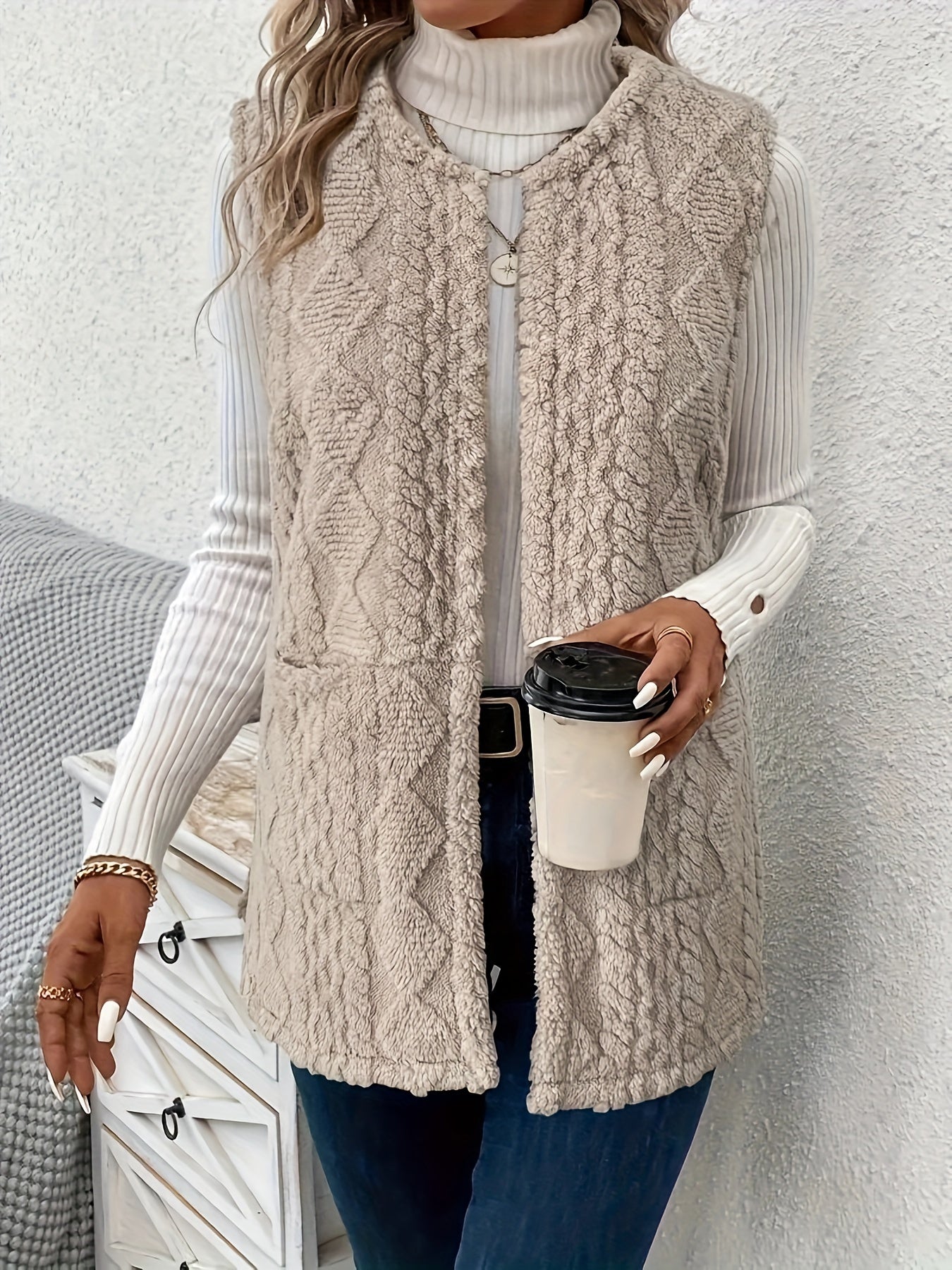 Helle | Vest Sandfarvet Teddyfleece Ærmeløs til Kvinder