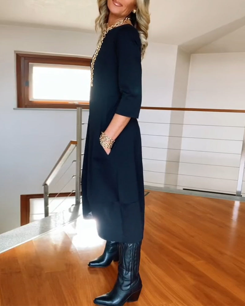 Viveca | Midi Kjole Marineblå Jersey 3/4-ærme med Lommer til Kvinder