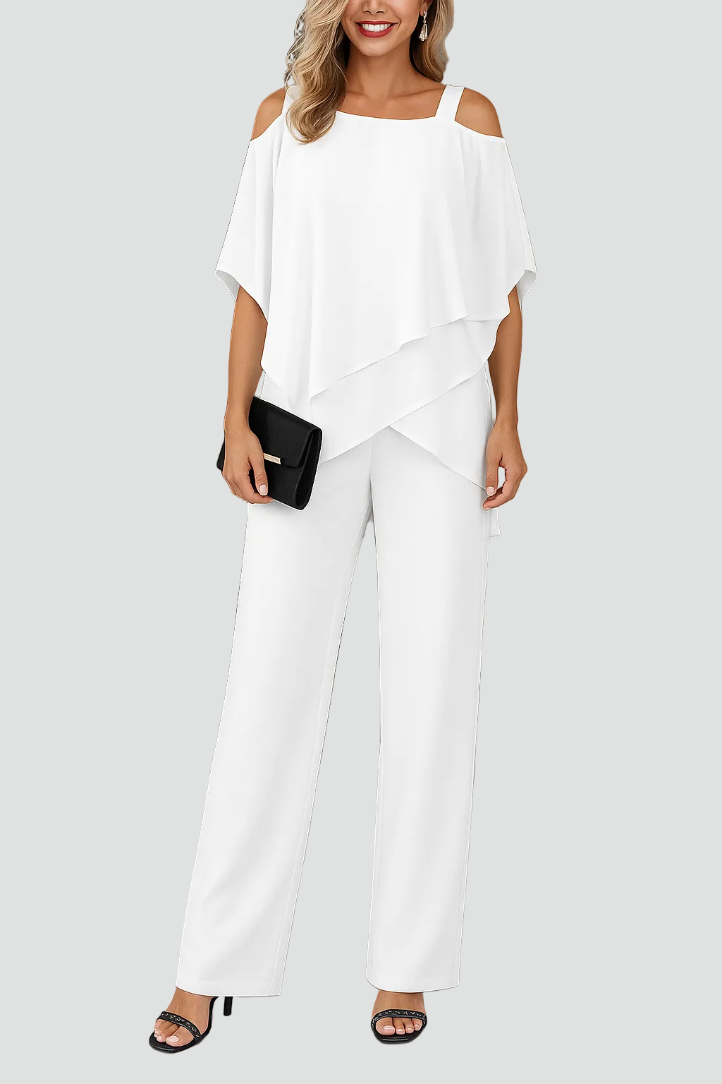 Luciana | Jumpsuit Hvid Chiffon Off-Shoulder Vidde Ben til Kvinder