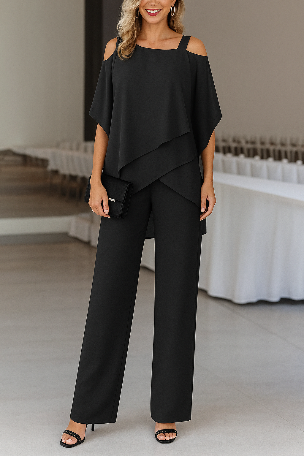 Luciana | Jumpsuit Hvid Chiffon Off-Shoulder Vidde Ben til Kvinder