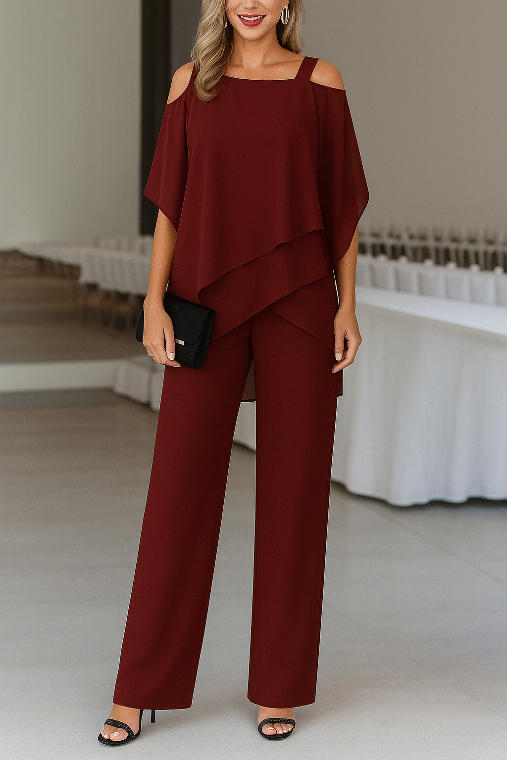Luciana | Jumpsuit Hvid Chiffon Off-Shoulder Vidde Ben til Kvinder
