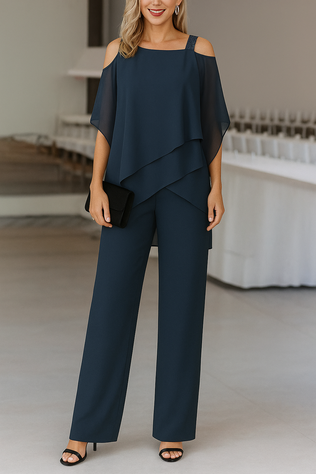 Rosalinde | Fest Jumpsuit Hvid Chiffon Cold Shoulder Vide Ben til Kvinder