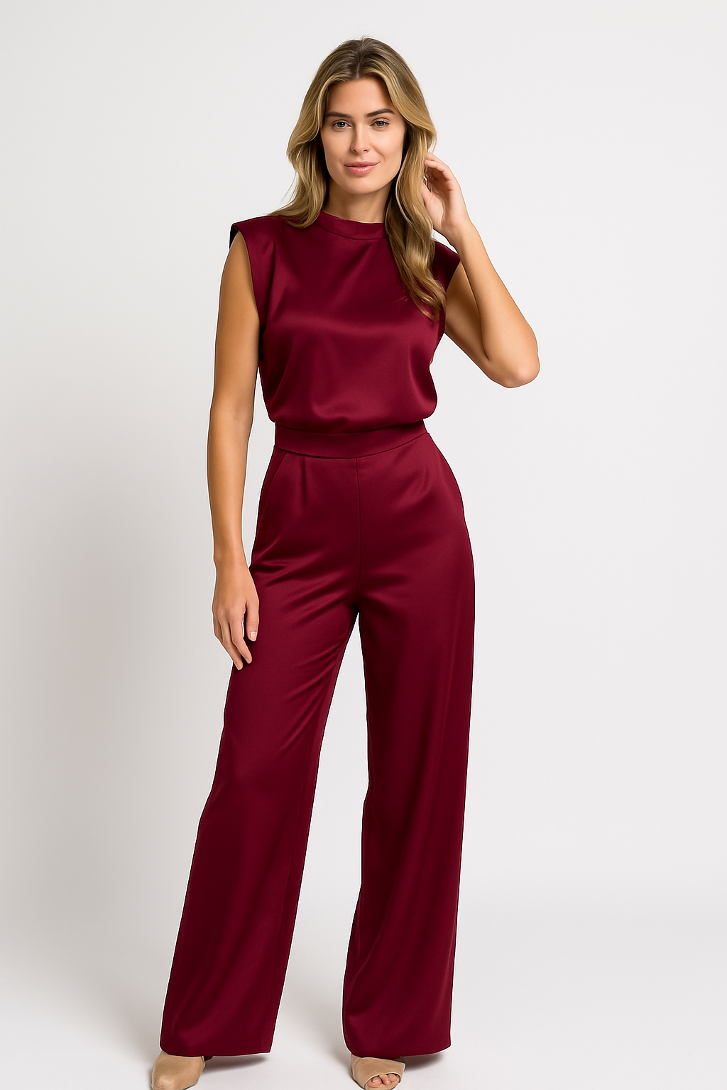 Catharina | Jumpsuit Beige Ærmeløs Vide Ben Højtaljeret til Kvinder